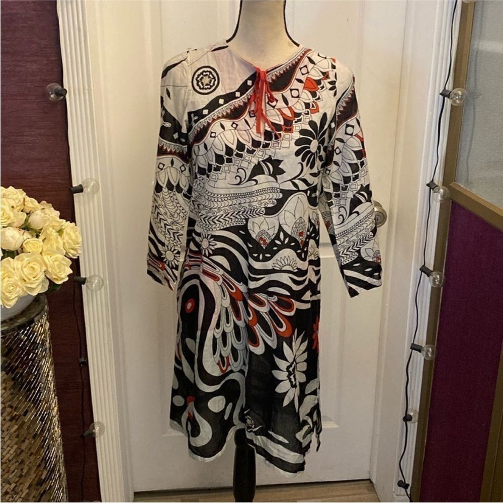 Rosar Nichols Black and White Patterned Dress with Red Accents, S